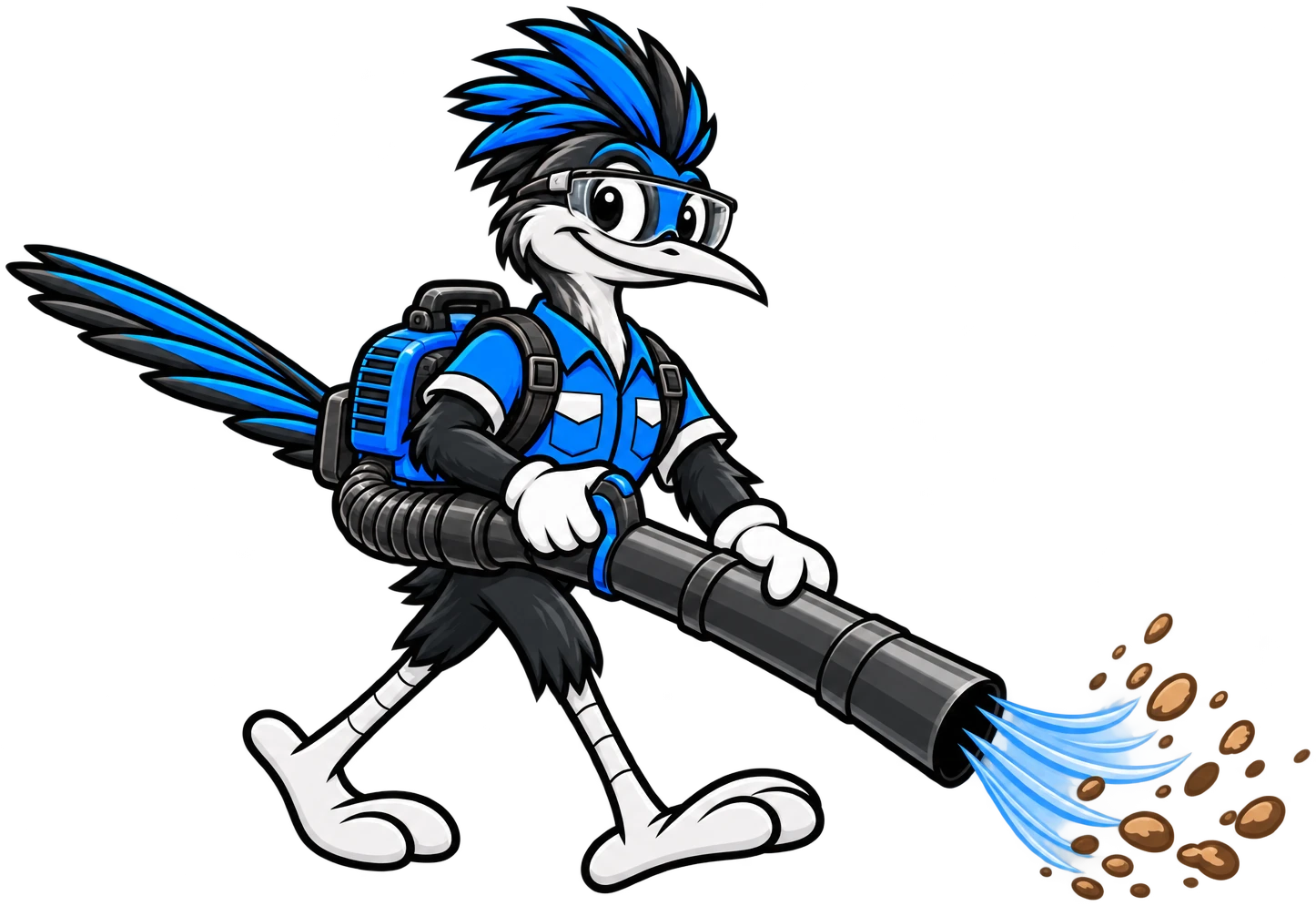 Henderson Junk Solutions roadrunner mascot clearing debris with a backpack blower for junk removal in Whitney Ranch, Henderson, NV