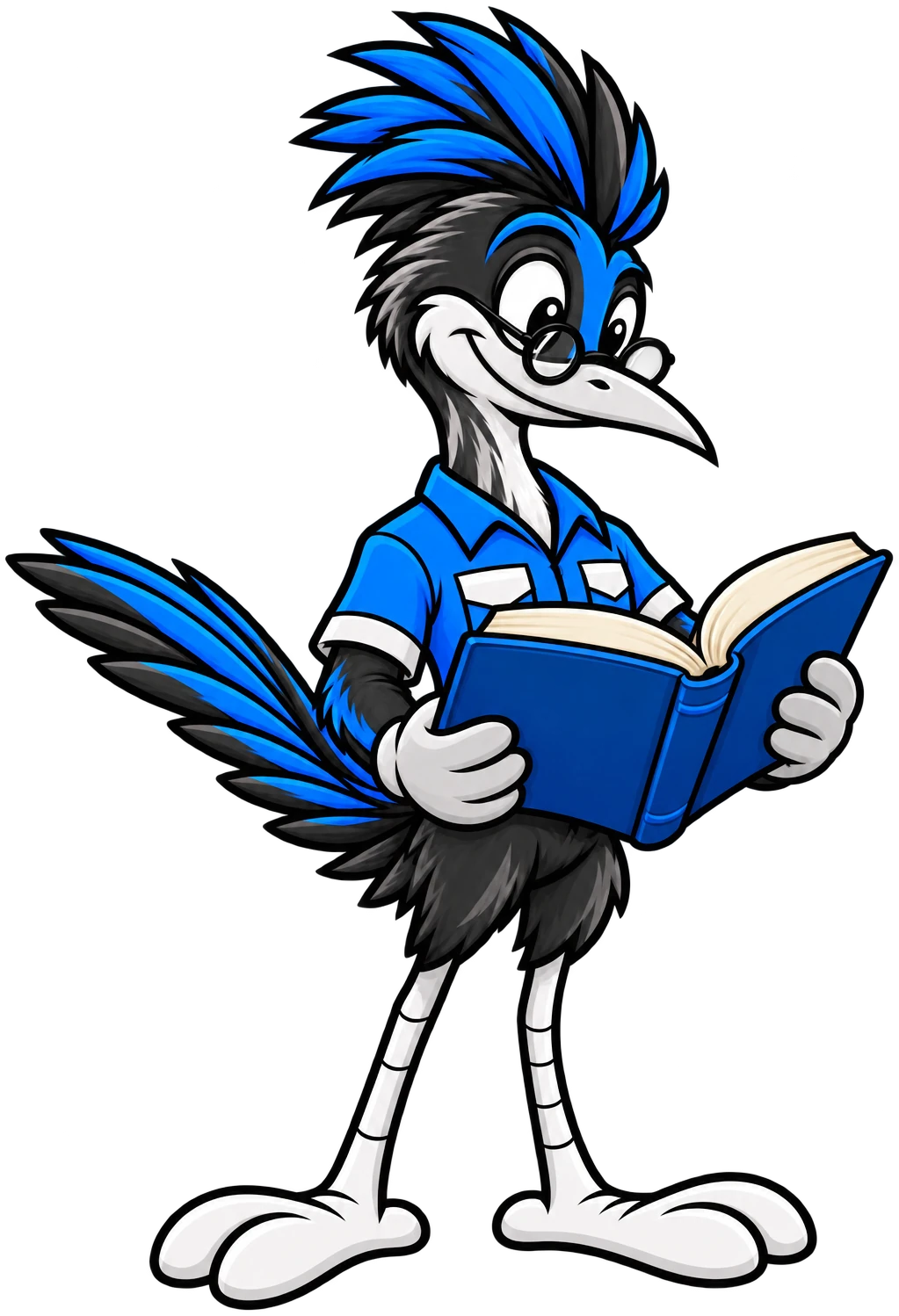 Henderson Junk Solutions roadrunner mascot wearing glasses and reading a book, introducing local junk removal guides for Henderson, NV