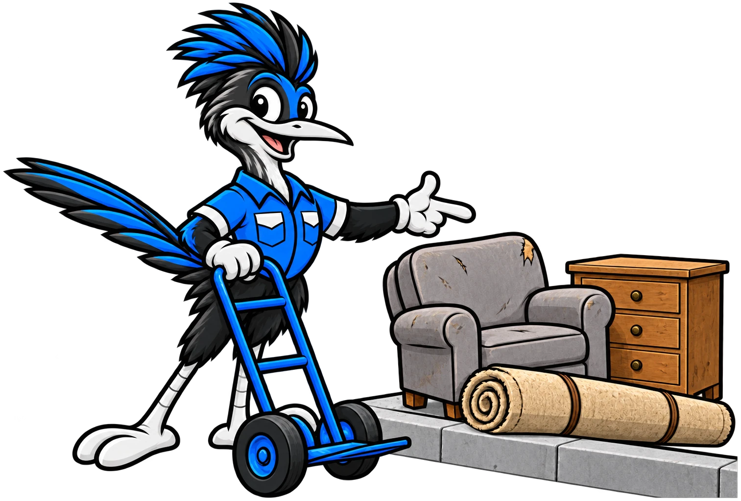 Henderson Junk Solutions roadrunner mascot with a hand truck pointing at an old armchair, dresser and rolled rug set out on the curb for bulk trash pickup in Henderson, NV