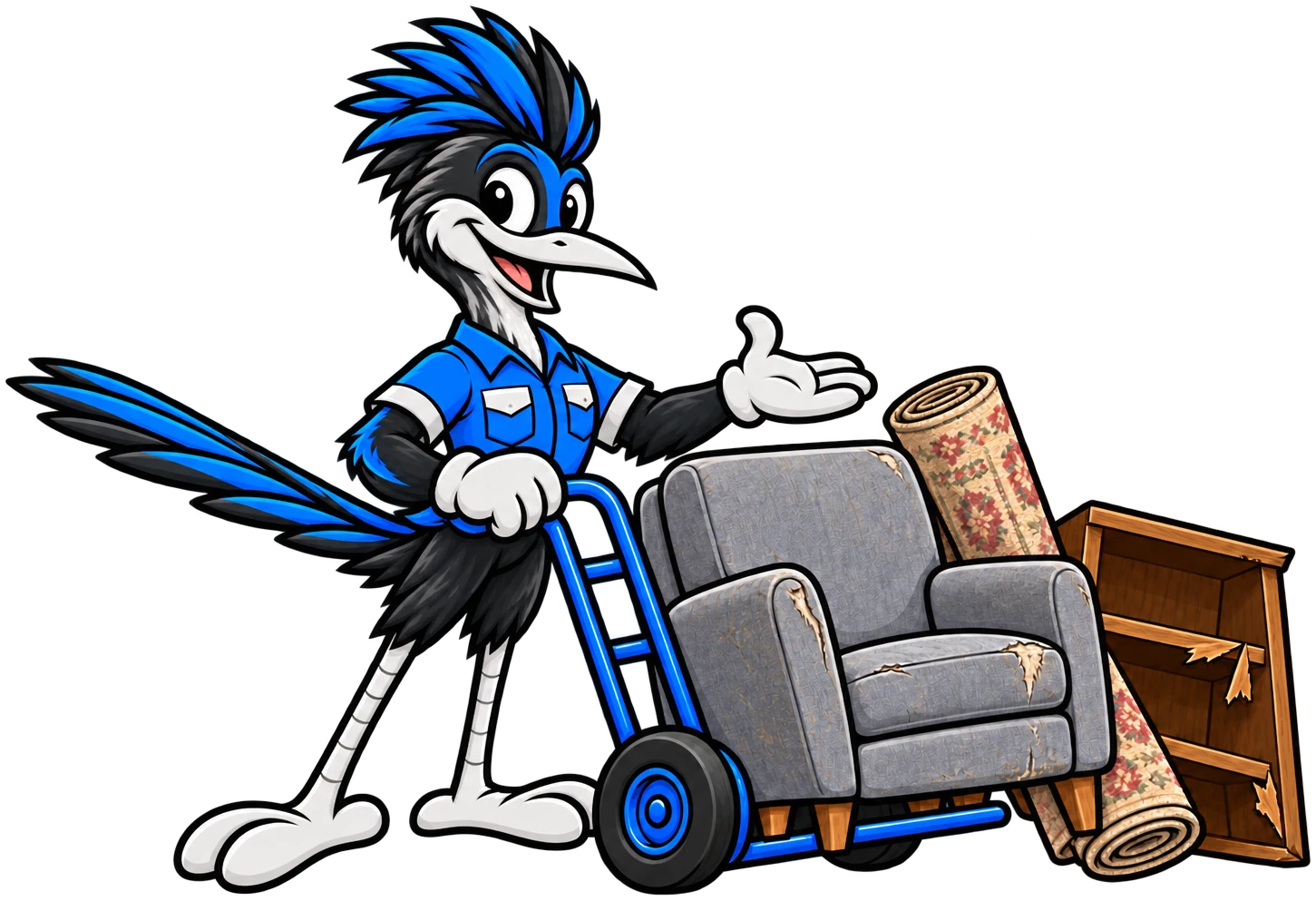 Henderson Junk Solutions roadrunner mascot with a hand truck pointing at an old armchair, rolled rug and broken shelf for junk removal in Inspirada, Henderson, NV