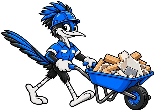 Henderson Junk Solutions roadrunner mascot in a hard hat pushing a wheelbarrow of lumber and drywall for construction debris removal in Henderson, NV