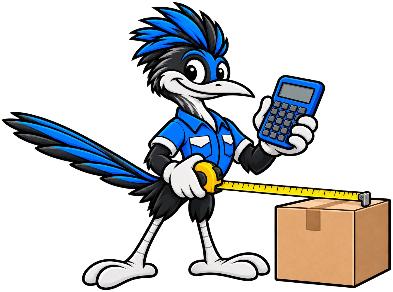 Henderson Junk Solutions roadrunner mascot holding a calculator and tape measure beside a moving box to estimate junk removal cost in Henderson, NV