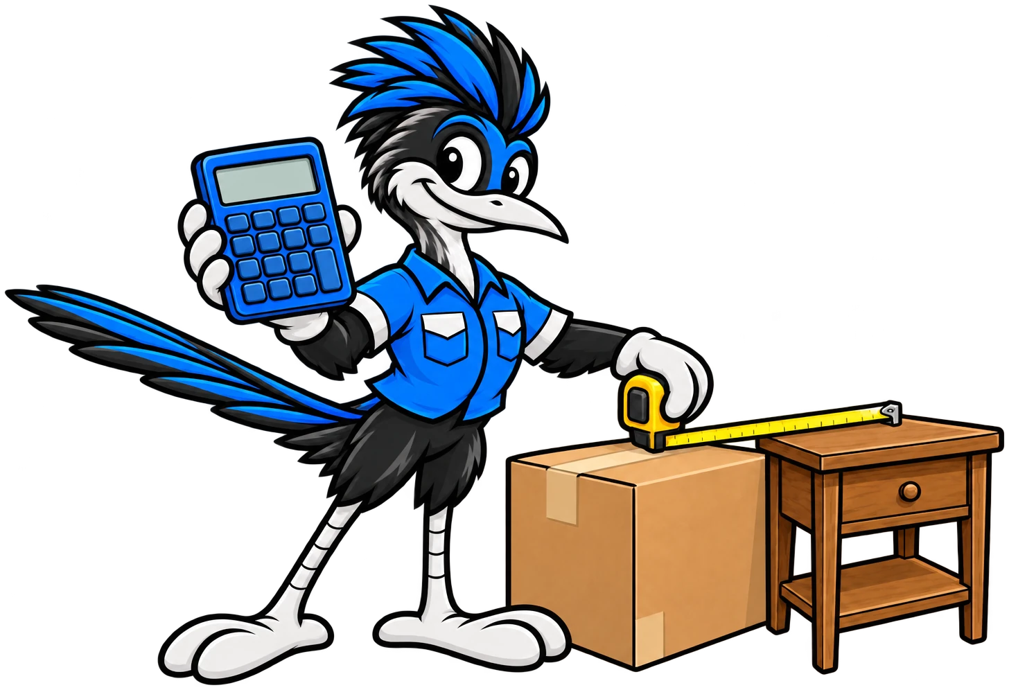 Henderson Junk Solutions roadrunner mascot measuring a box and a nightstand with a tape measure and calculator for junk removal in MacDonald Ranch, Henderson, NV
