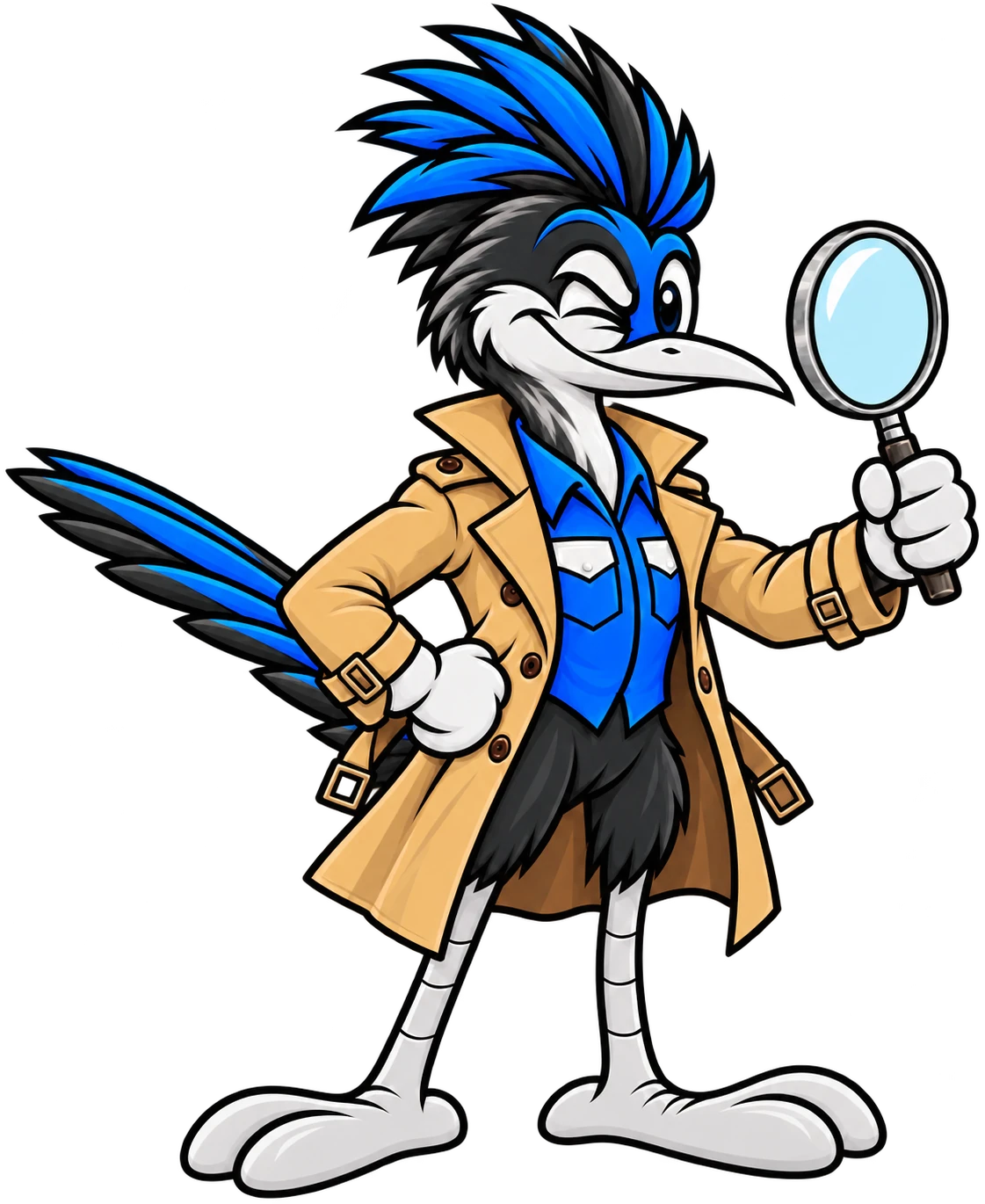 Henderson Junk Solutions roadrunner mascot as a detective with a magnifying glass, checking out the best junk removal companies in Henderson, NV