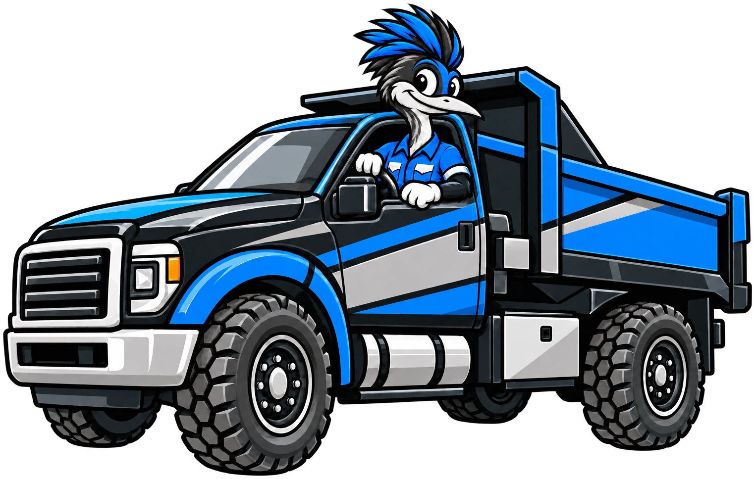 Henderson Junk Solutions logo: roadrunner mascot driving a blue junk removal dump truck