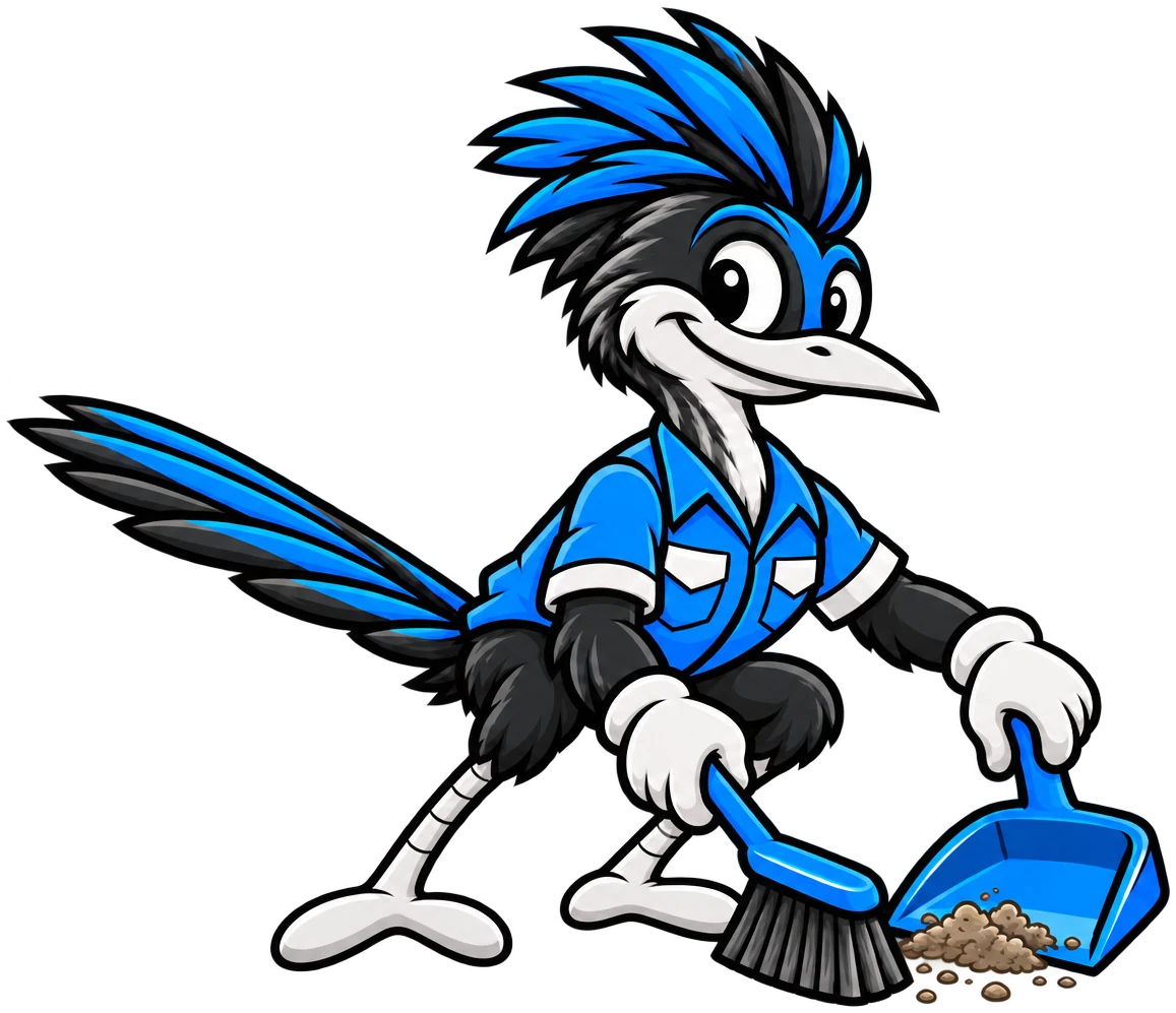 Henderson Junk Solutions roadrunner mascot sweeping debris into a dustpan for junk removal in Downtown Henderson, NV