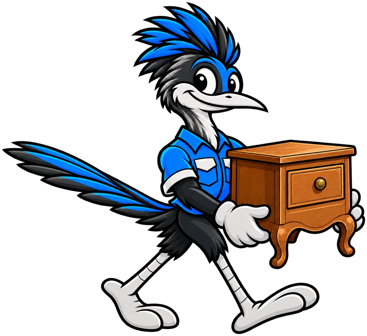 Henderson Junk Solutions roadrunner mascot carefully carrying a wooden nightstand for junk removal in Seven Hills, Henderson, NV