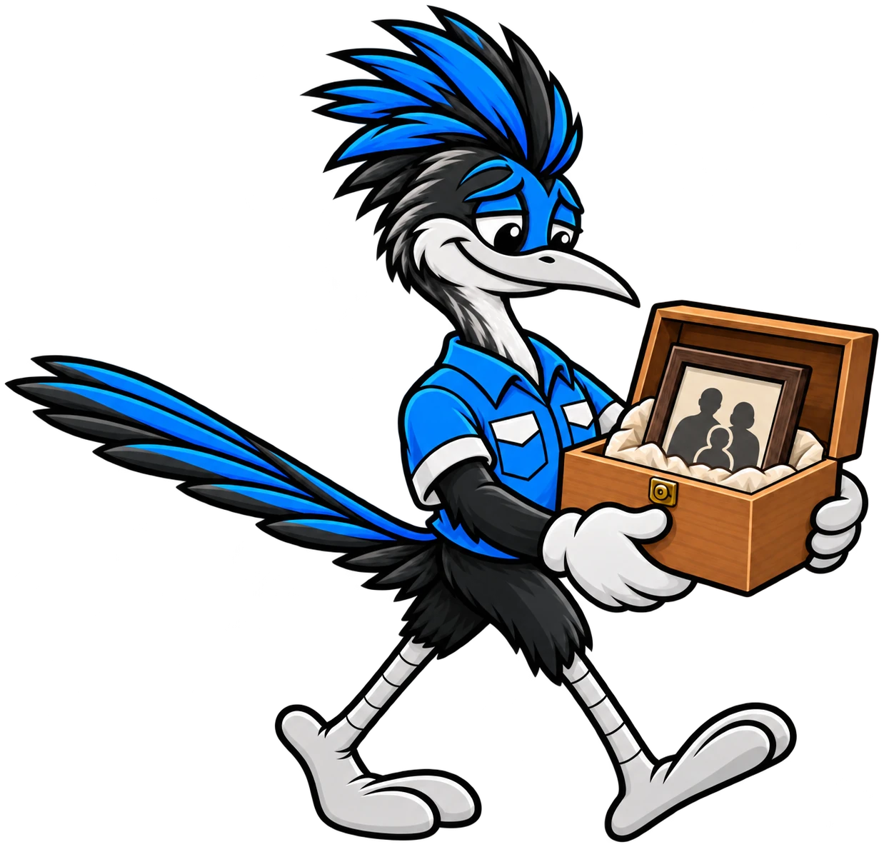Henderson Junk Solutions roadrunner mascot carefully carrying a wooden keepsake box of family photos during an estate cleanout in Henderson, NV