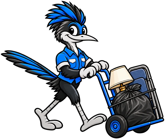 Henderson Junk Solutions roadrunner mascot wheeling a hand truck of bags and a lamp for an eviction cleanout in Henderson, NV