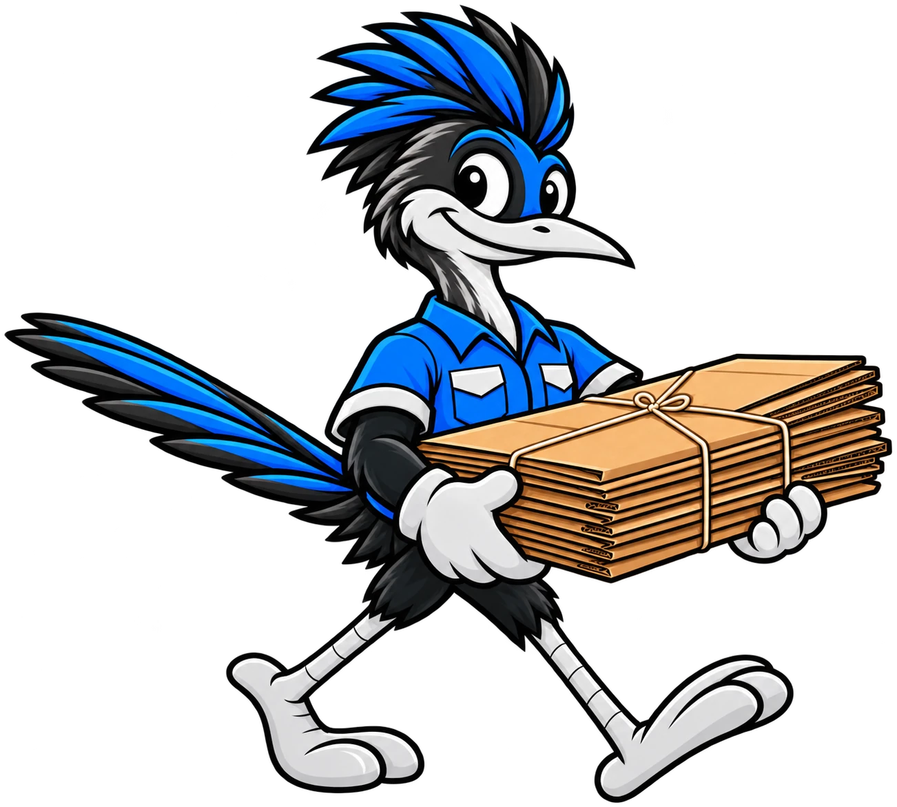 Henderson Junk Solutions roadrunner mascot carrying a stack of flattened cardboard for junk removal in Enterprise, NV