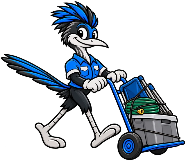 Henderson Junk Solutions roadrunner mascot pushing a hand truck loaded with a storage tote and a garden hose for a garage cleanout in Henderson, NV