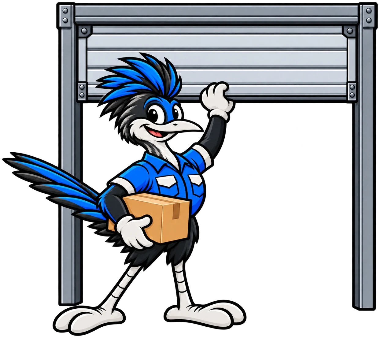 Henderson Junk Solutions roadrunner mascot holding a box and rolling up a storage unit door for a storage unit cleanout in Henderson, NV