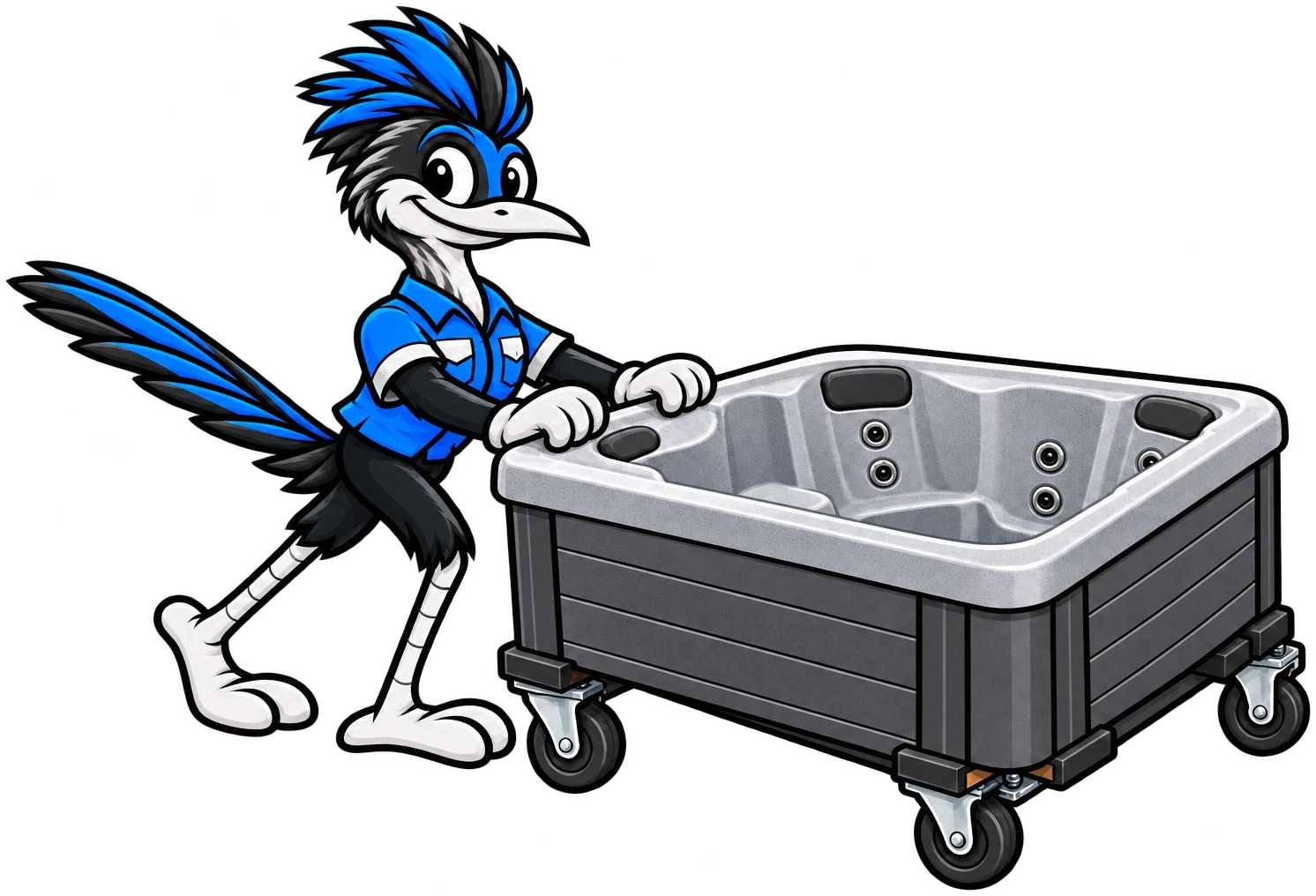 Henderson Junk Solutions roadrunner mascot rolling a hot tub on a dolly for hot tub and spa removal in Henderson, NV