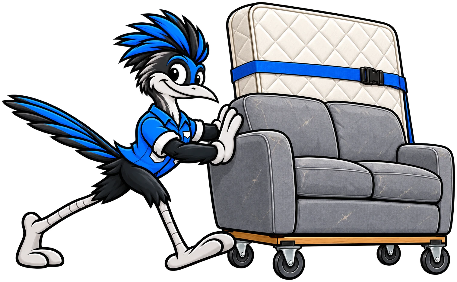 Henderson Junk Solutions roadrunner mascot pushing a sofa with a mattress strapped on top on a furniture dolly, ready for furniture removal in Henderson, NV