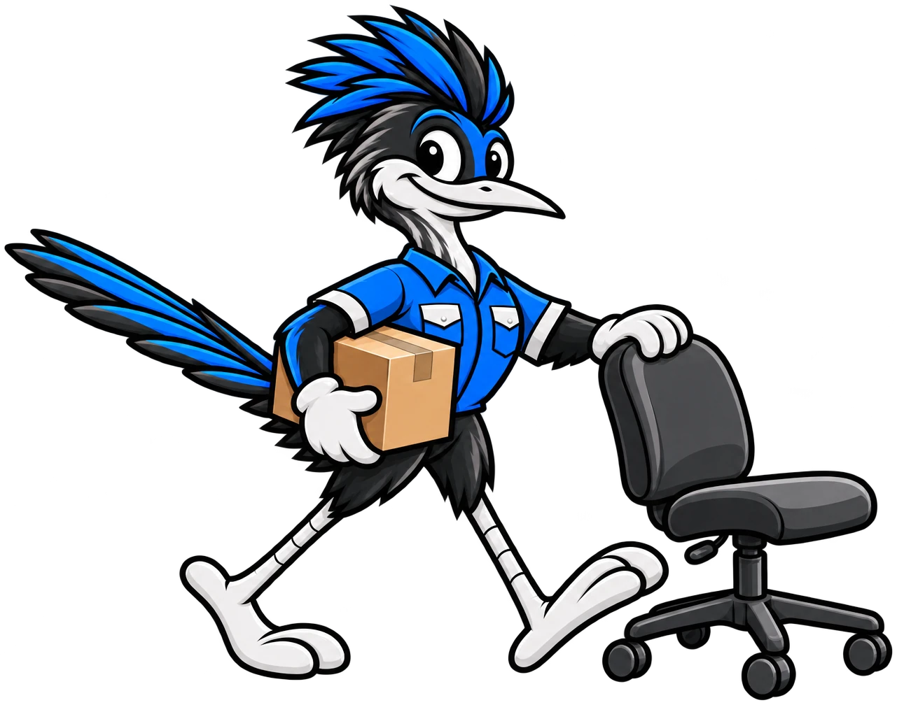Henderson Junk Solutions roadrunner mascot hauling a box and an office chair for office cleanouts in Henderson, NV