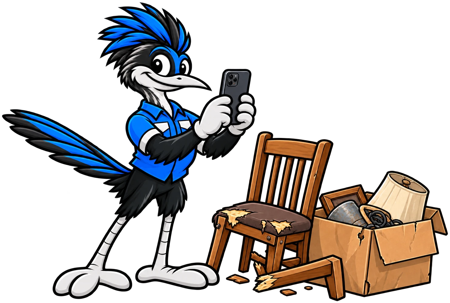 Henderson Junk Solutions roadrunner mascot photographing an old chair and boxes with his phone for an upfront junk removal price in Henderson, NV