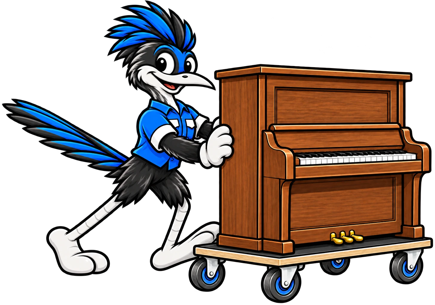 Henderson Junk Solutions roadrunner mascot pushing an upright piano on a dolly for piano removal in Henderson, NV