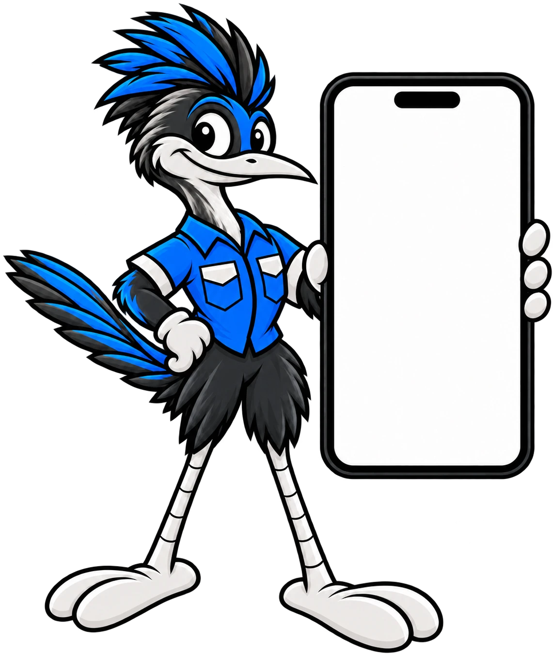 Henderson Junk Solutions roadrunner mascot holding up a phone to text photos for a junk removal quote in Henderson, NV
