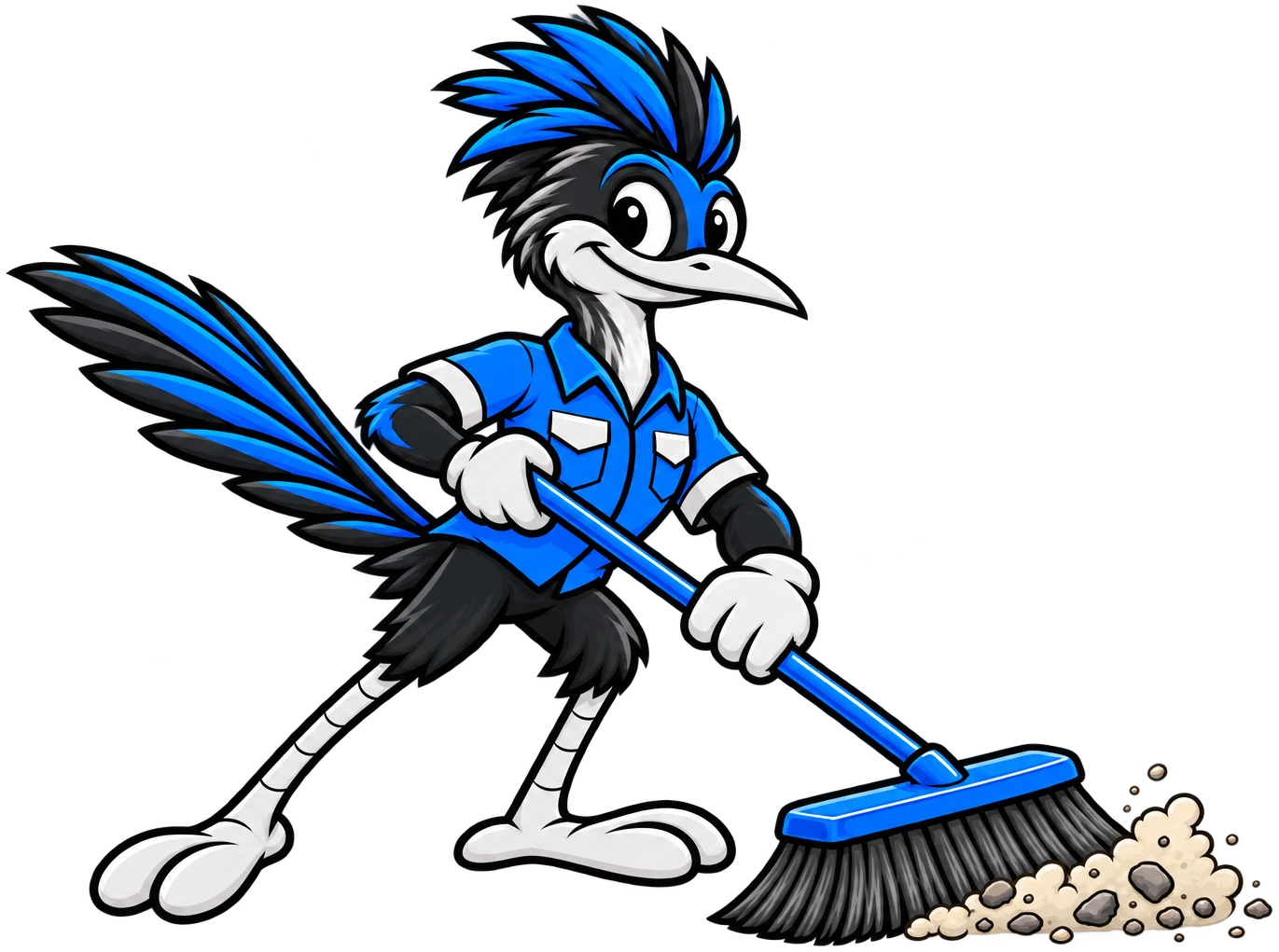 Henderson Junk Solutions roadrunner mascot sweeping up with a push broom for junk removal in Green Valley, Henderson, NV