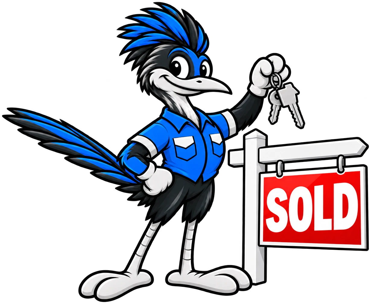 Henderson Junk Solutions roadrunner mascot holding house keys beside a SOLD sign for realtor junk removal in Henderson, NV