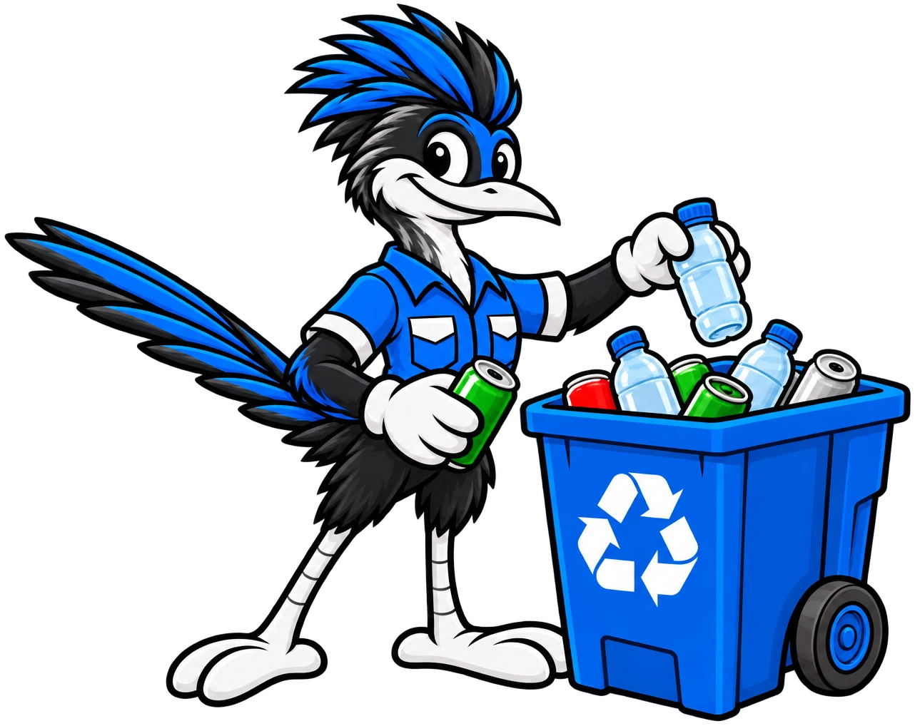 Henderson Junk Solutions roadrunner mascot sorting bottles into a recycling bin for junk removal in Anthem, Henderson, NV
