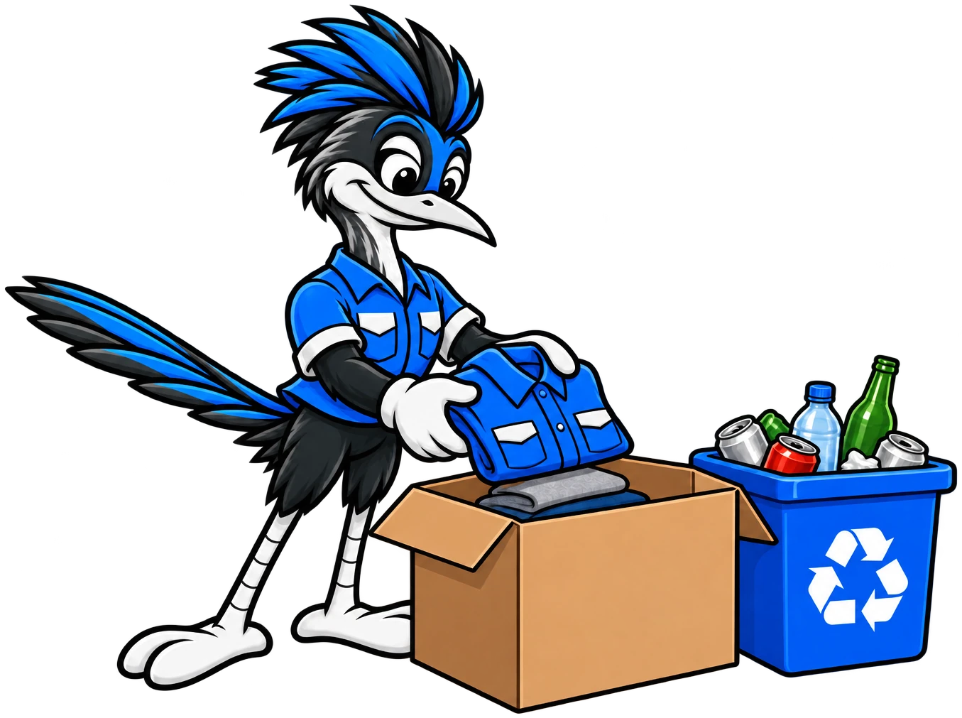 Henderson Junk Solutions roadrunner mascot packing clothes into a donation box beside a recycling bin, showing where junk goes after removal in Henderson, NV