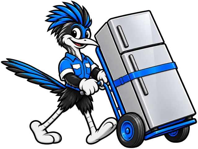 Henderson Junk Solutions roadrunner mascot wheeling a refrigerator on a hand truck for appliance removal in Henderson, NV