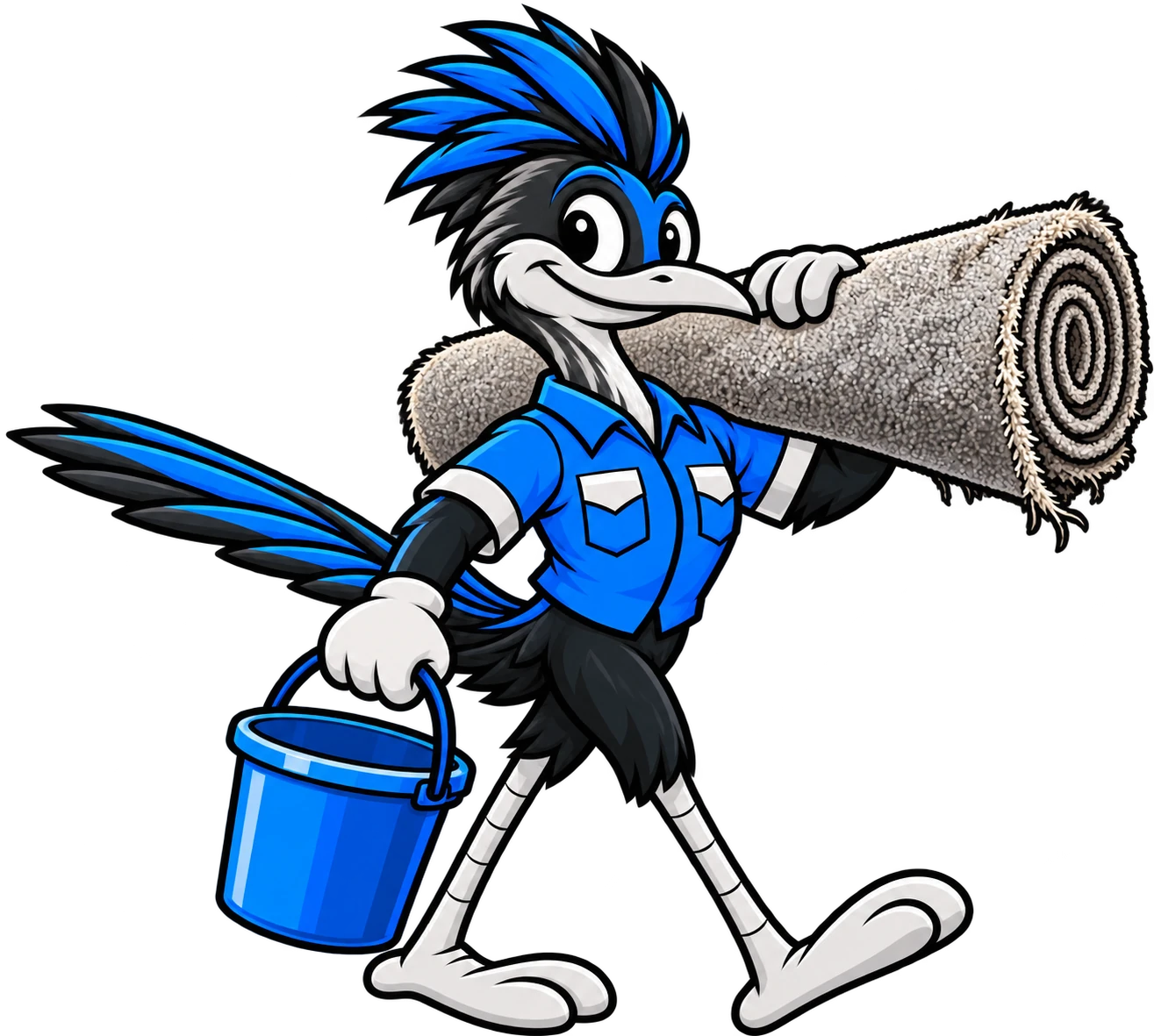Henderson Junk Solutions roadrunner mascot carrying a rolled-up rug and a bucket for junk removal in Lake Las Vegas, Henderson, NV