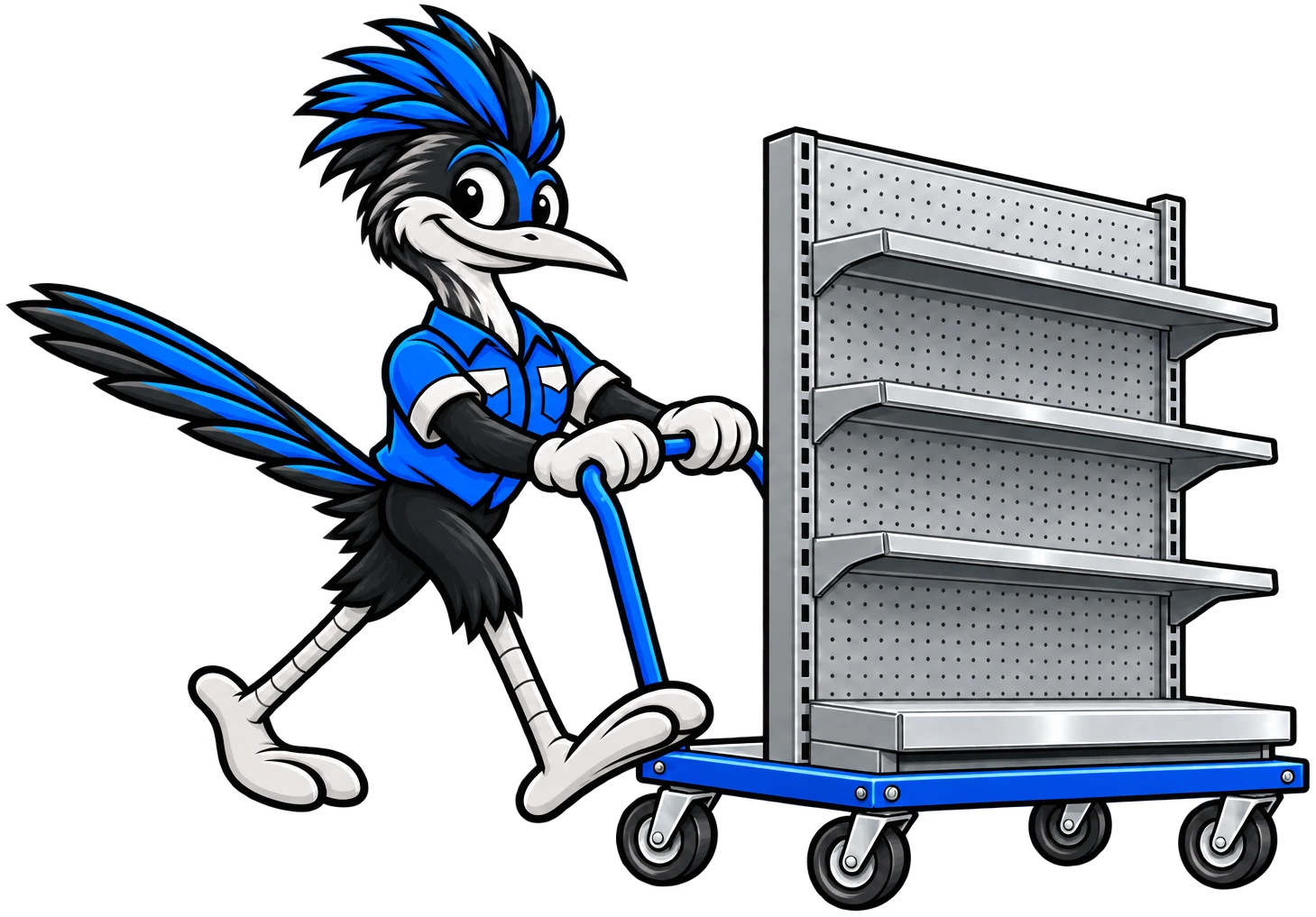 Henderson Junk Solutions roadrunner mascot wheeling a metal store shelving unit on a dolly for a retail store cleanout in Henderson, NV