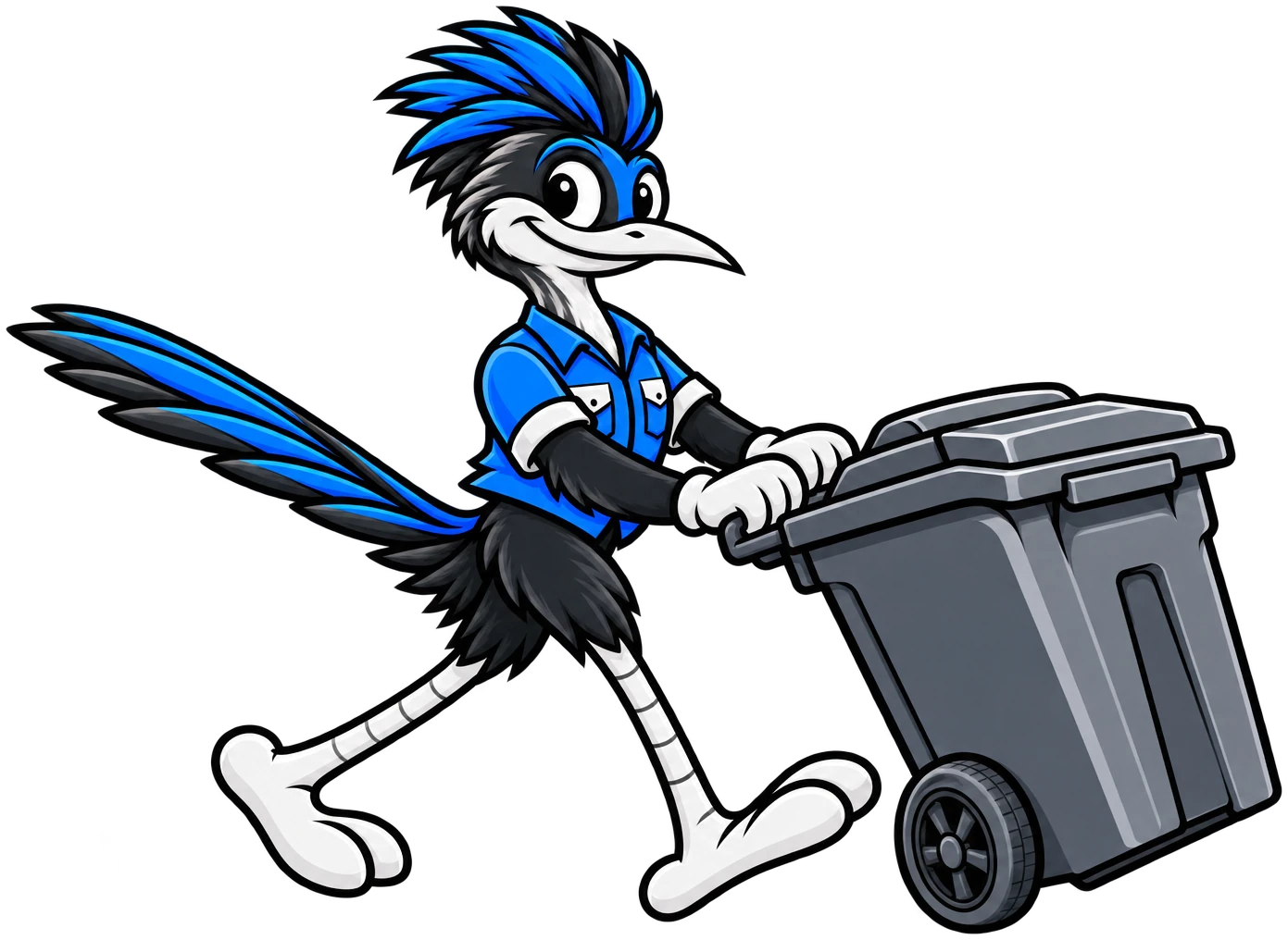 Henderson Junk Solutions roadrunner mascot rolling a trash bin to the curb for junk removal in Green Valley Ranch, Henderson, NV