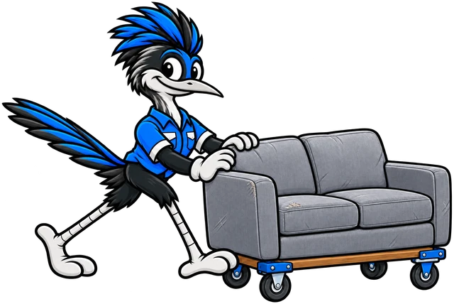 Henderson Junk Solutions roadrunner mascot pushing a sofa on a furniture dolly for furniture removal in Henderson, NV