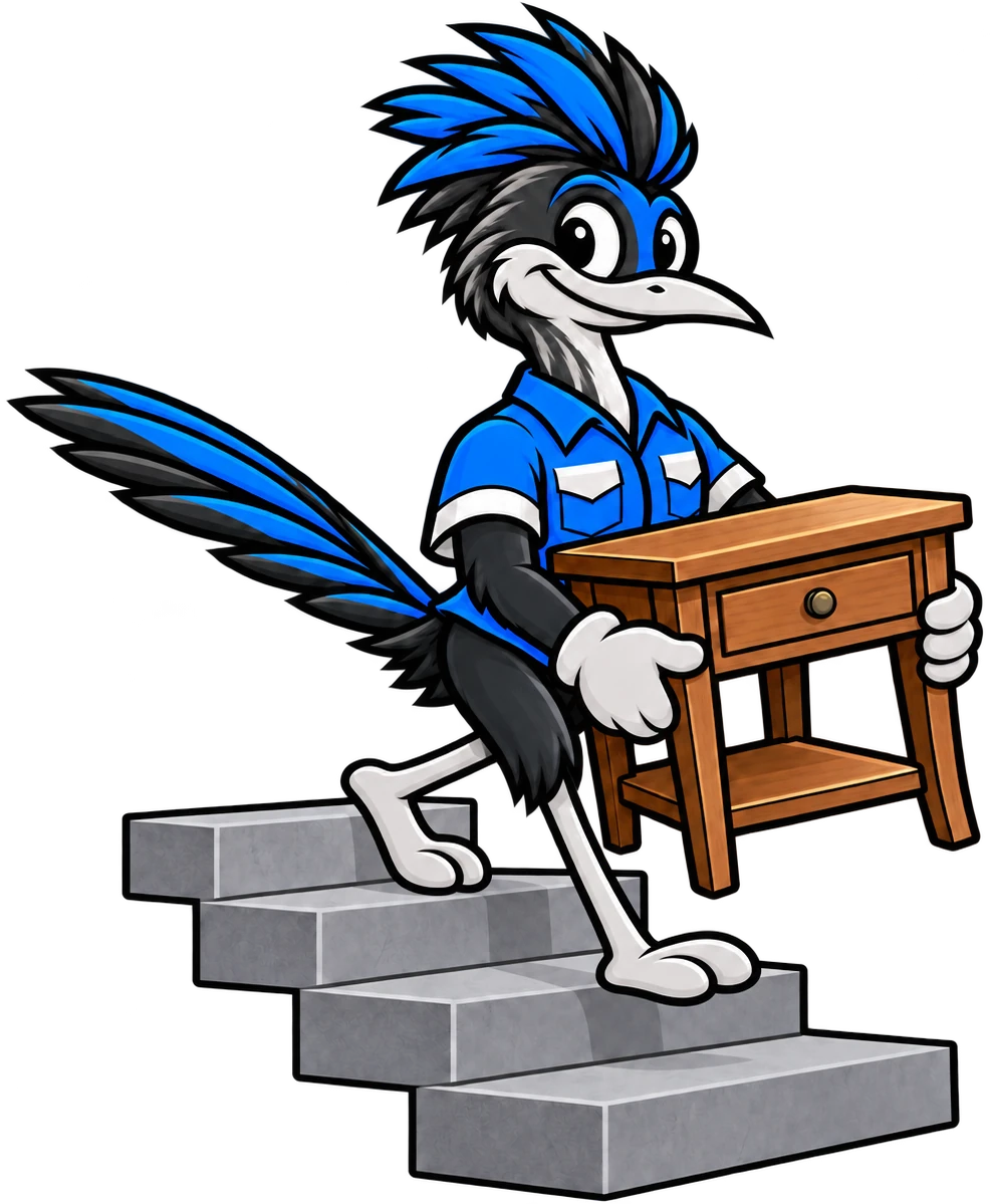 Henderson Junk Solutions roadrunner mascot carrying a nightstand down a flight of stairs for an apartment cleanout in Henderson, NV