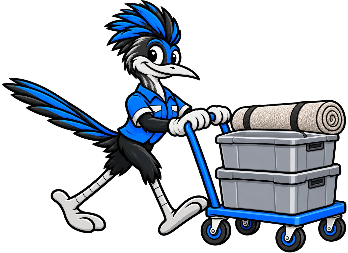 Henderson Junk Solutions roadrunner mascot pushing a cart of storage bins and a rolled rug for storage unit cleanouts in Henderson, NV