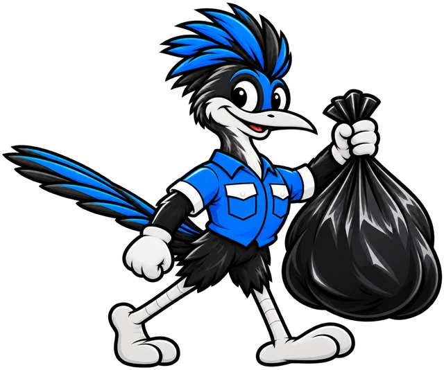 Henderson Junk Solutions roadrunner mascot carrying a full trash bag for residential junk removal in Henderson, NV