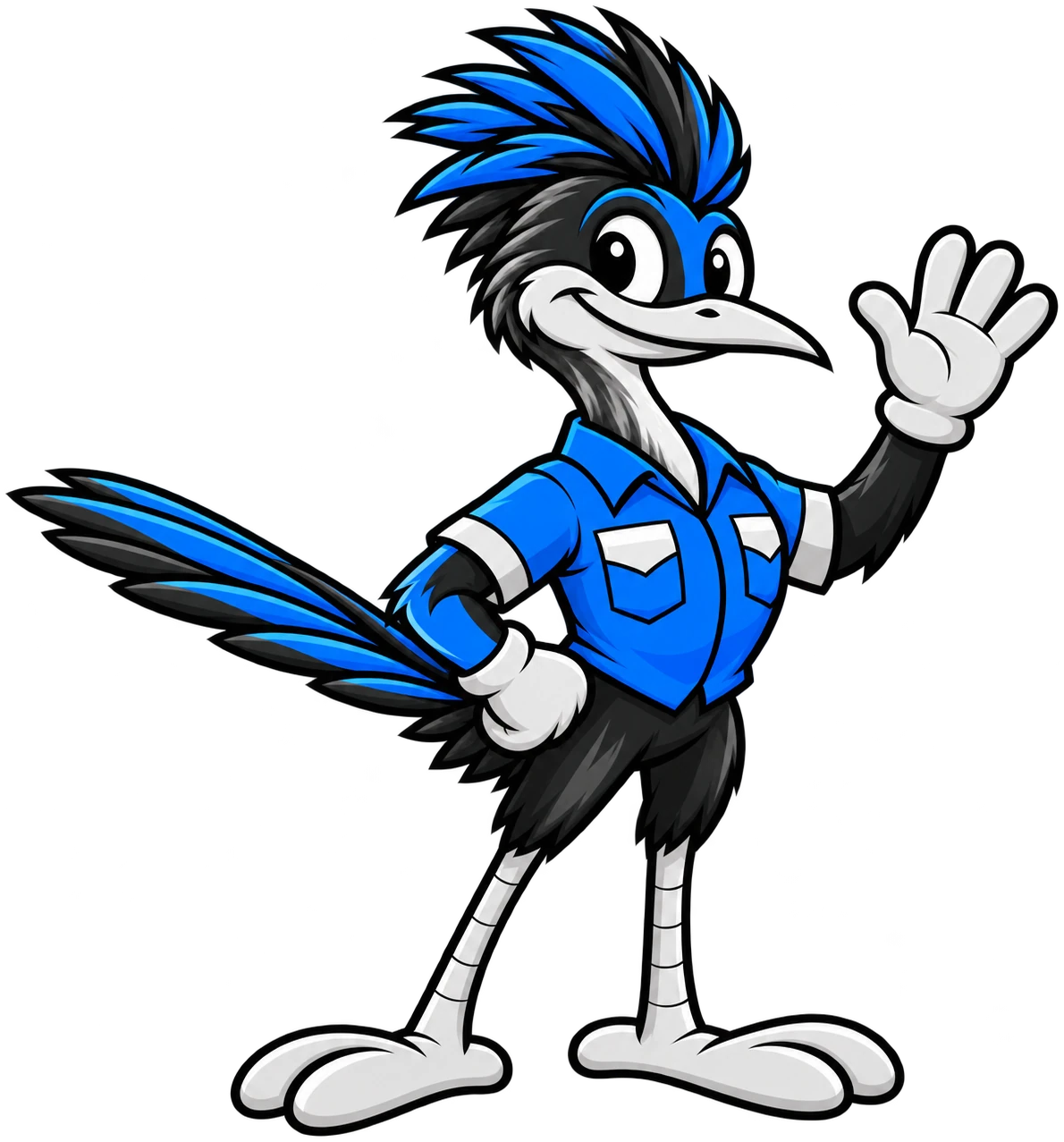 Hendy, the Henderson Junk Solutions roadrunner mascot, waving hello in his blue work shirt