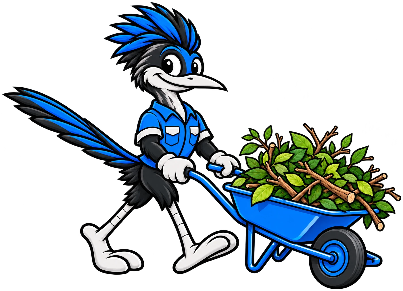 Henderson Junk Solutions roadrunner mascot pushing a wheelbarrow of branches for yard waste removal in Henderson, NV